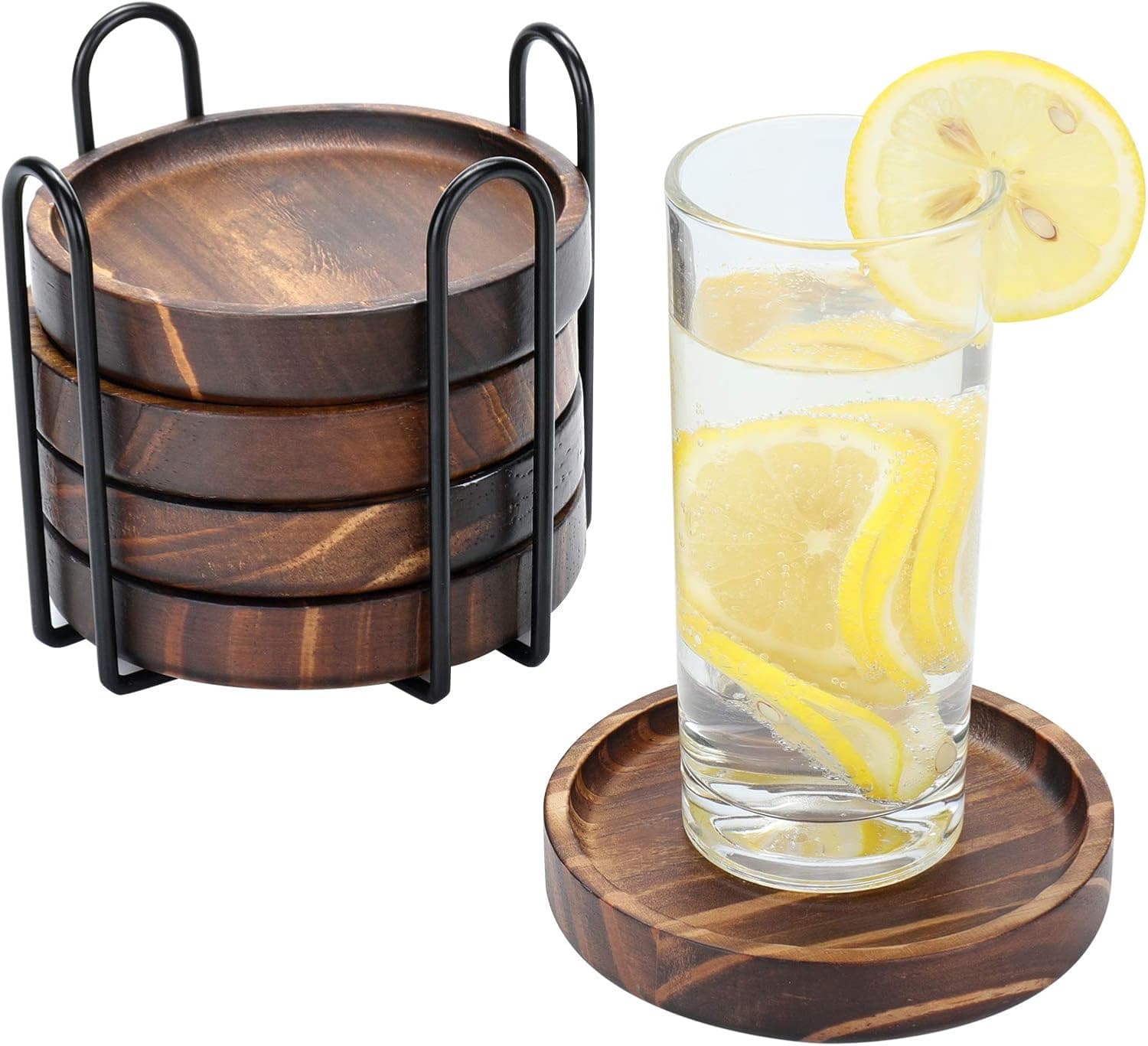 Wooden Coasters for Drinks - Natural Wood Drink Coaster Set with Holder for Drinking Glasses, Tabletop Protection for Any Table Type, Set of 5-4.3Inches
