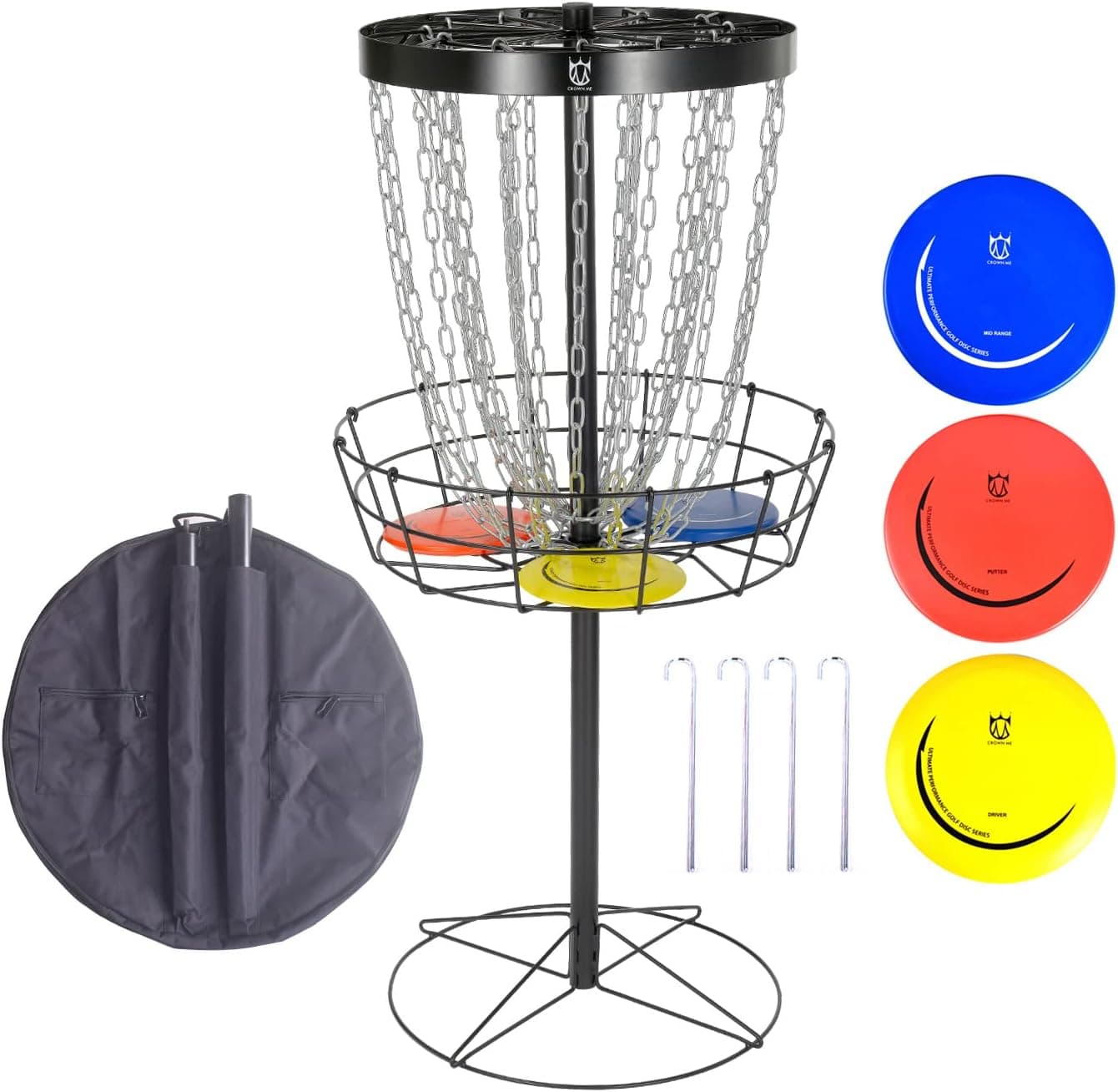 CROWN ME Disc Golf Basket with Disc Target Include 6 Discs, 1 Disc Carry Bag, 24-Chain Portable Metal Golf Goals Baskets,