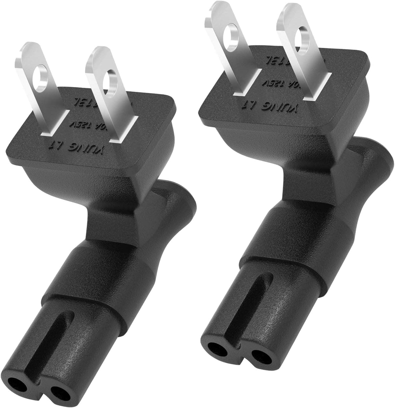 US 2 Prong Right Angle AC Power Adapter 2-Pack, BolAAzuL 90 Degree AC Power Plug Adapter IEC C7 Receptacle to NEMA 1-15P