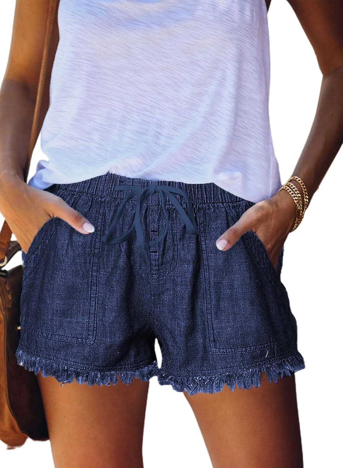 Asvivid Womens Casual Drawstring Elastic Waist Summer Frayed Tencel Shorts with Pockets S-XXL