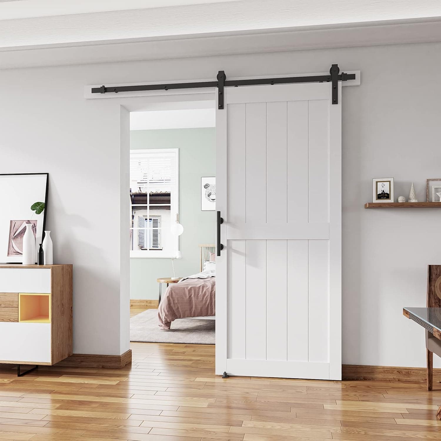 ALAMEDADT 36''x84'' Sliding Barn Door with 6.6 Ft Barn Door Hardware Kit& Handle& Floor Guides,Pre-Drilled Holes Easy Assembly - Include Installation Manual, Water-Proof PVC Surface, H-Frame, White