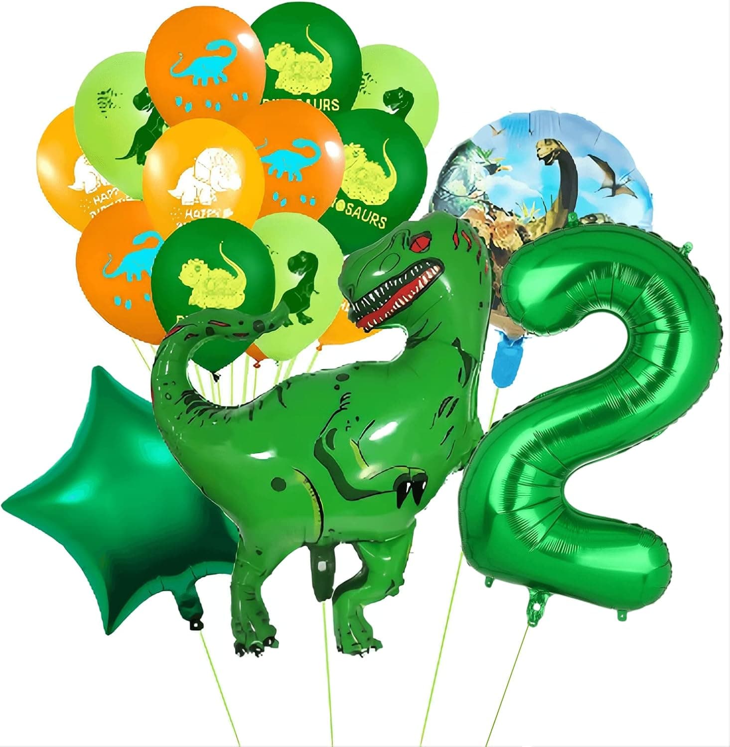 Dinosaur Balloons 2nd Birthday Decorations for Boys, 34 Inch Giant Dinosaur Inflatable Foil Mylar Balloon Green Number 2 Dino latex Balloons Jungle Safari Wild World Themed Party Supplies Decor