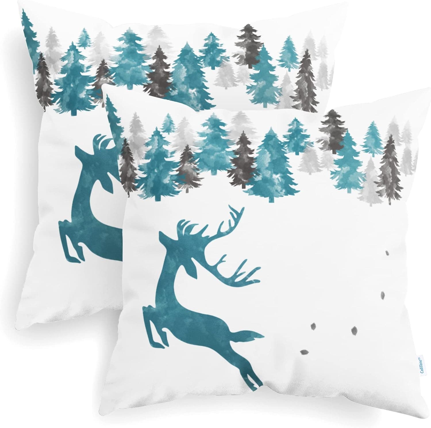 CaliTime Throw Pillow Cases Pack of 2 Cozy Fleece Jumping Reindeer Pine Forest Print Cushion Covers for Christmas Holiday Couch Sofa Home Decoration 16 X 16 Inches Teal Grey