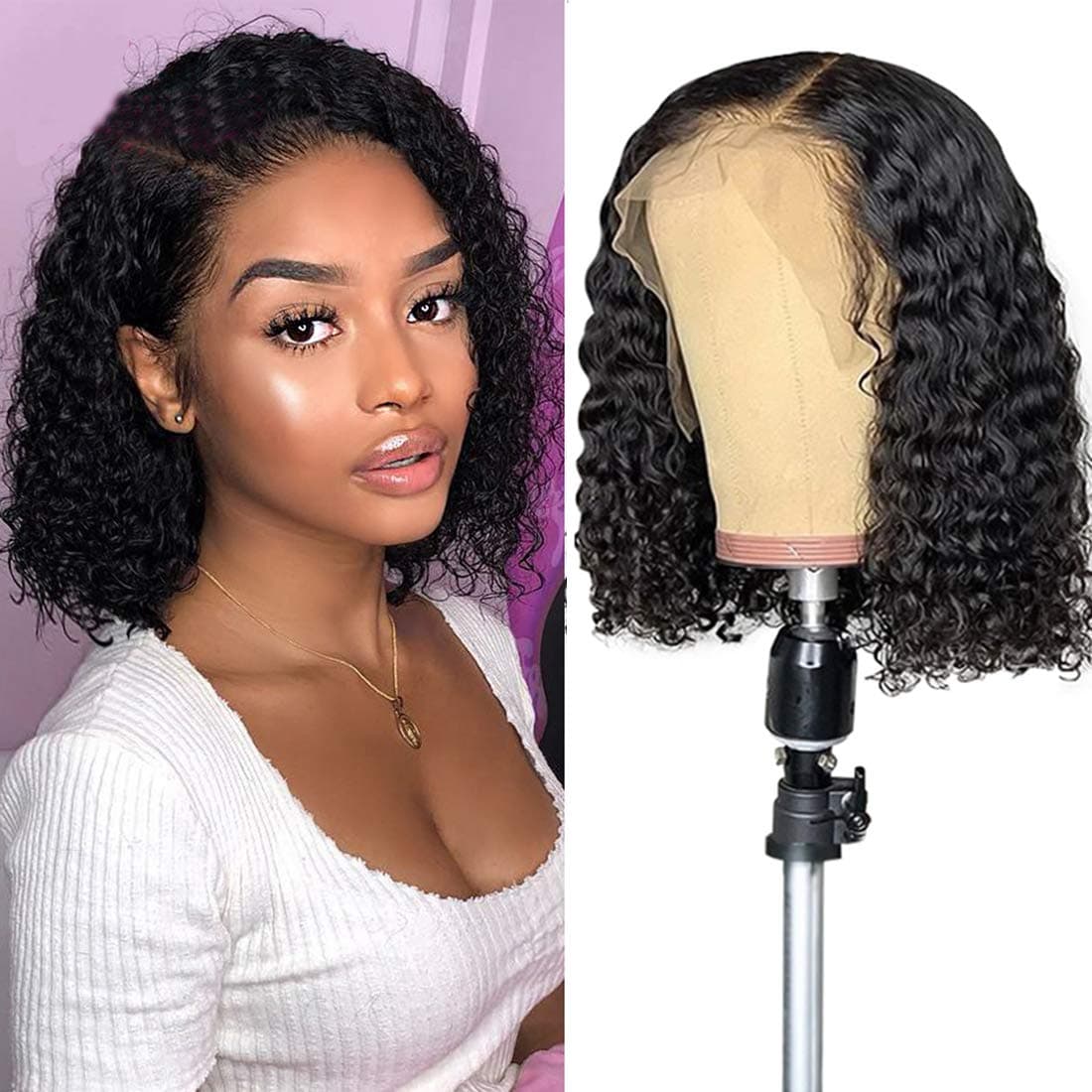 10'' Curly Bob Lace Front Wigs Human Hair 13x4 Short Bob Wigs Water Wave Lace Front Wigs Human Hair 9A Brazilian Remy Human Hair Wigs for Black Women Pre Plucked 150% Density