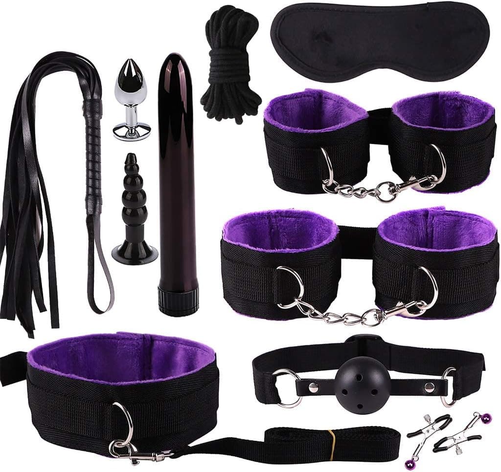 JEKEE 11 Pcs Lingerie Plush Nylon PU Leather BSDM Toys for Couples Sets Women Men