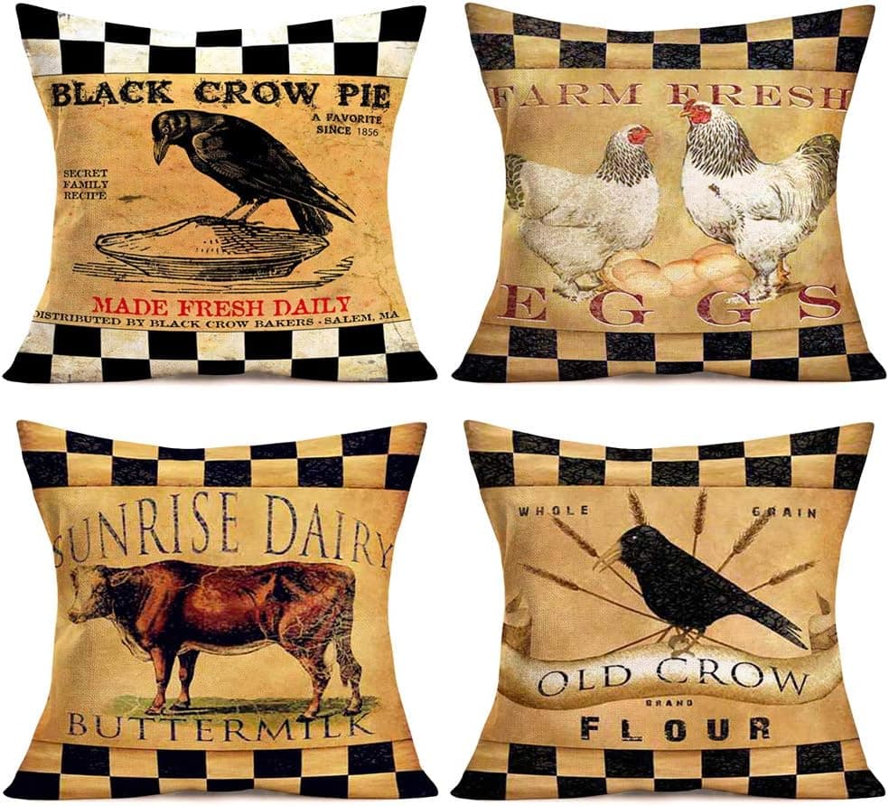 Aremetop Rustic Farmhouse Animal Pillow Covers Black Buffalo Plaid Country Poultry Rooster Cow Crow Farm Fresh Dairy Feed Decorative Cotton Linen Throw Pillow Case Cushion Cover 18’’x18’’ Set of 4