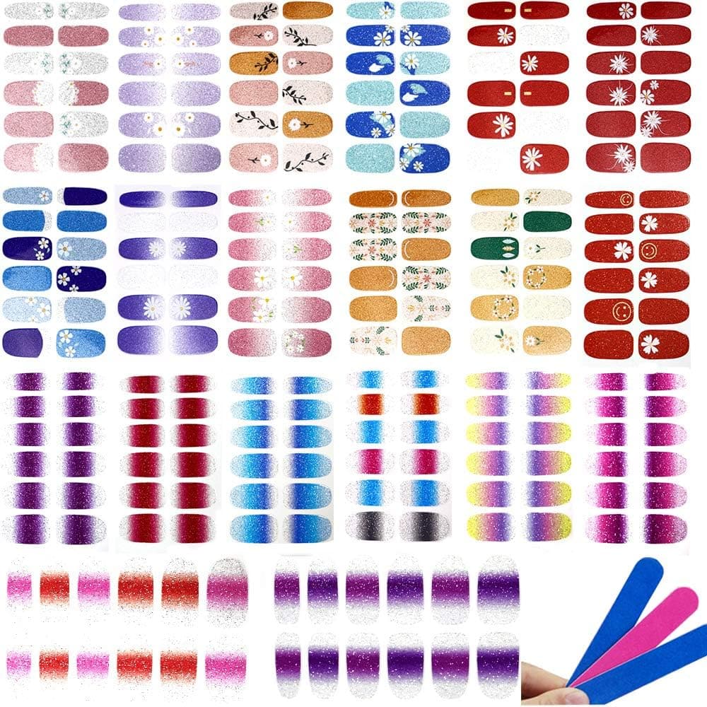 Nail Polish Sticker Full Wrap Nail Art Sticker,243 Pieces Self-Adhesive Nail Art Decal Strip,Colorful Manicure Kits Nail Decals with Nail File for Women DIY Nail Decoration Supplies(20 Sheets )