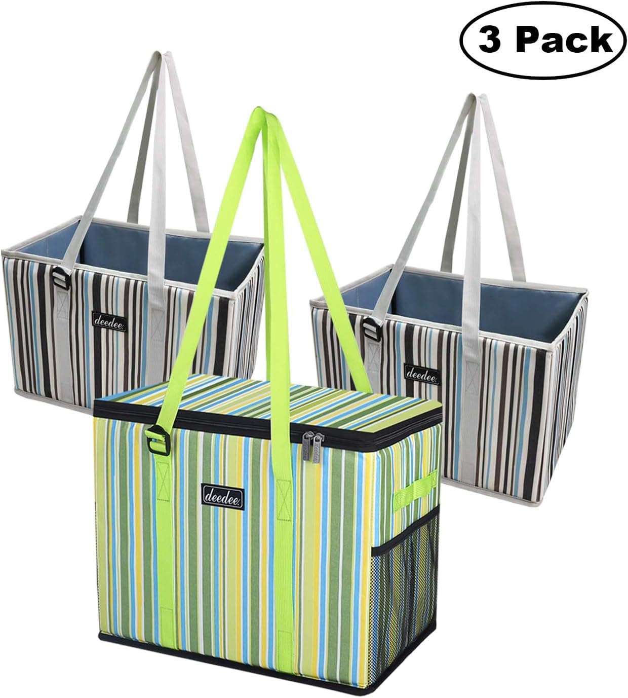 Deedee Cooler Bag, 34L Leakproof Reusable Insulated Cooler Lunch Bag 1 Pack, Shopping Tote Bags 2 Pack, Reinforced Removable Bottom, and Double Sewing Straps, Collapsible