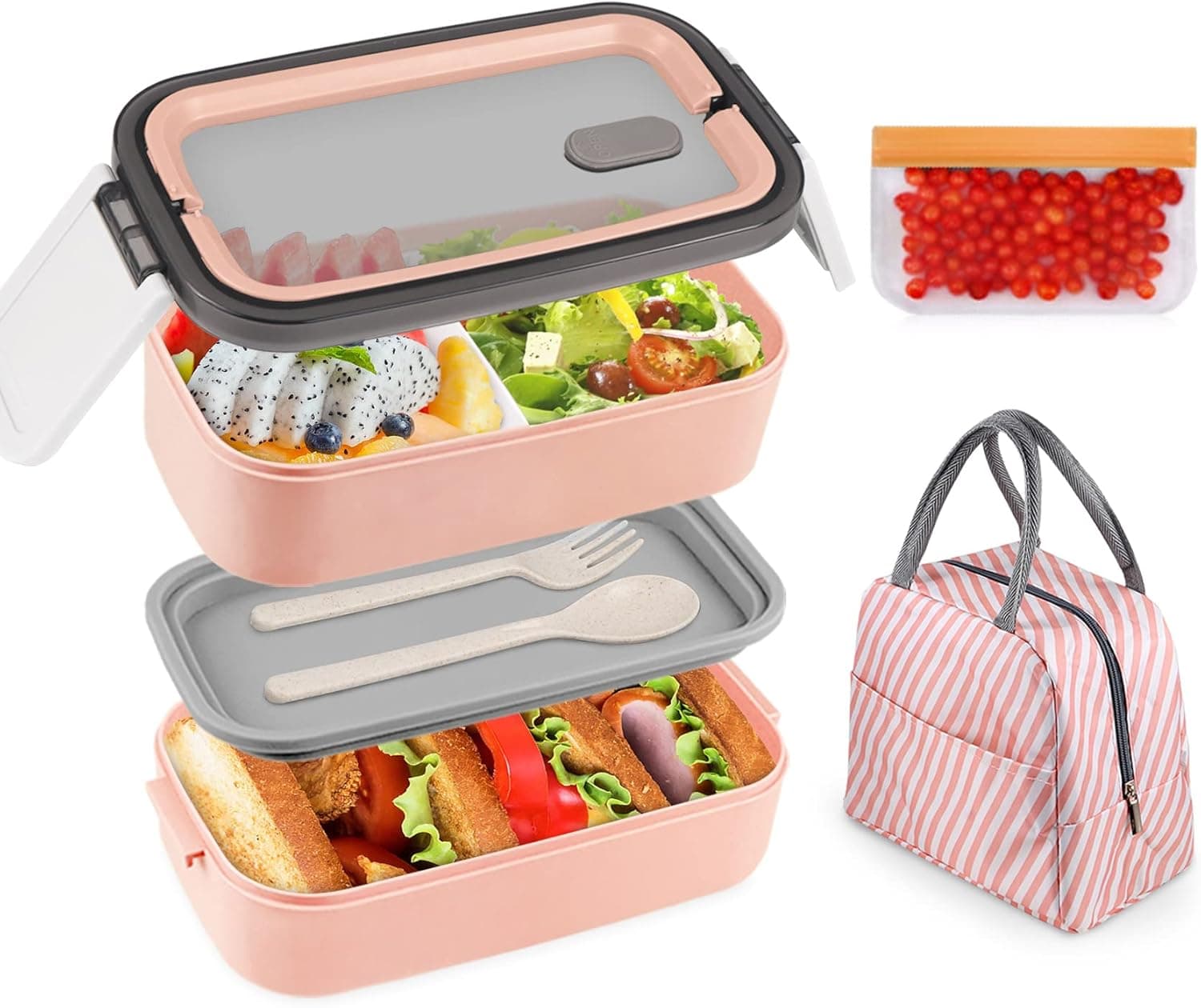 NatraProw Bento Box Adult Lunch Box, Bento Lunch Box For Adults Leak Proof, 2 Layer Bento Snack Box Set With Utensils & Bag & handle, Cute Bento Box Lunch Containers, Microwave Safe, BPA-Free(Pink)
