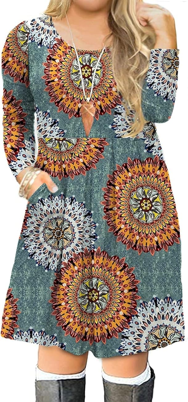 Tralilbee Women Plus Size Floral Pockets Long Sleeve Swing Loose Dress 10 XL