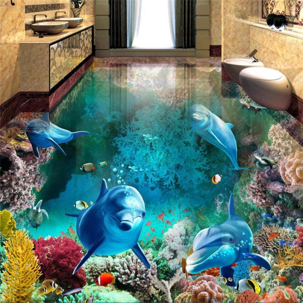 Custom Photo Floor Wallpaper 3D Stereoscopic Dolphin Ocean Bathroom Floor Mural PVC Wallpaper Self-Adhesive Floor，140X100cm