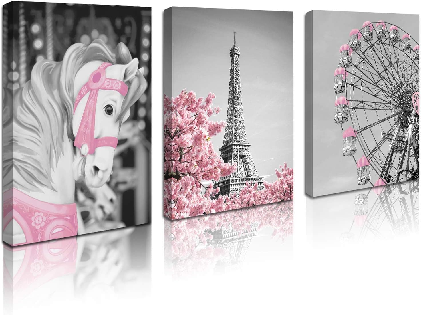 Pink Paris Eiffel Tower Wall Art Canvas Decoration Black and White for Girls Bedroom Bathroom Wall Decor Pictures Kitchen Canvas Framed Artwork for Walls Pink Modern Home Size 12x16 In Each Panel