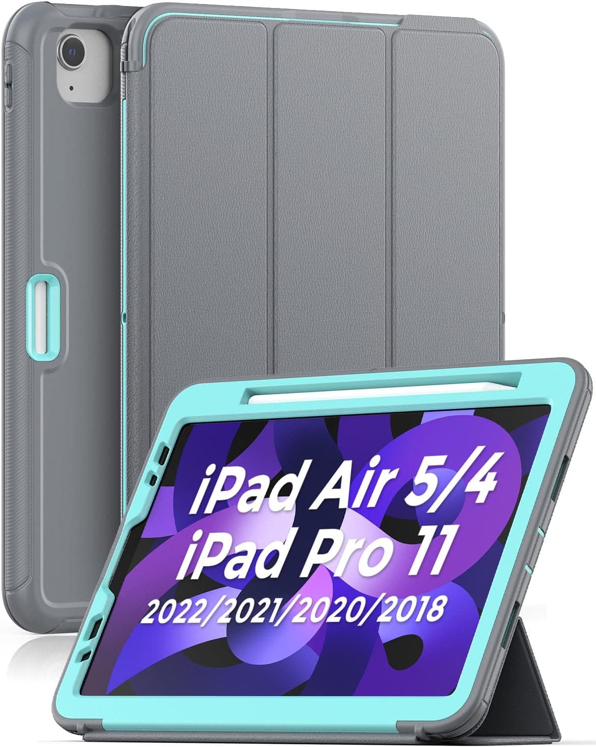 SEYMAC iPad Air 5th/4th Generation Case, Durable Sturdy Heavy Duty Shockproof Protection Folio Stand Case with Smart Cover Auto Sleep/Wake for iPad Pro 11 4th/3rd/2nd/1st Gen, Grey/Blue