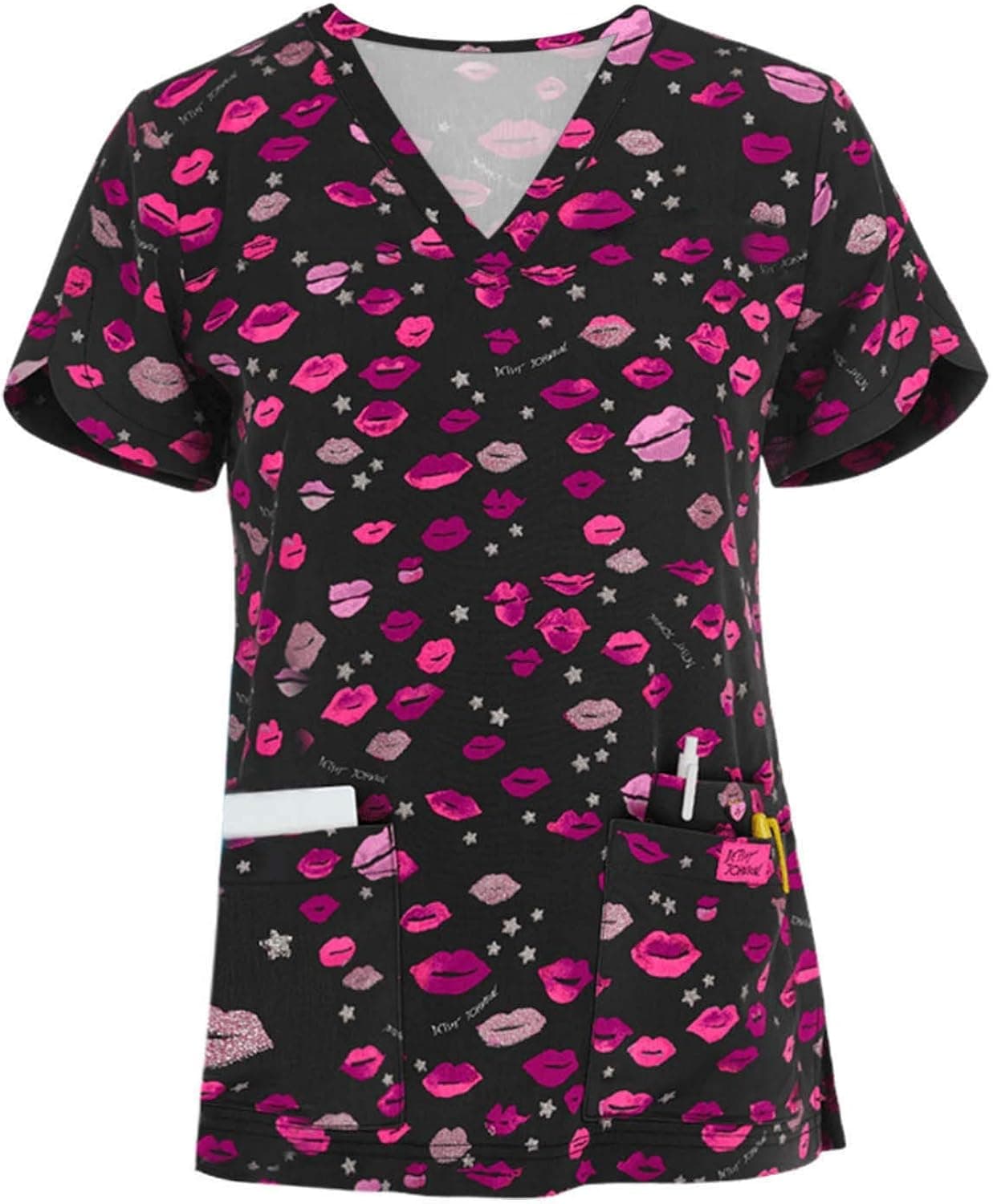Wallity Working Uniform T-Shirt Women Cute Print Short Sleeve V-Neck Tops with Pockets 0052-Red XL