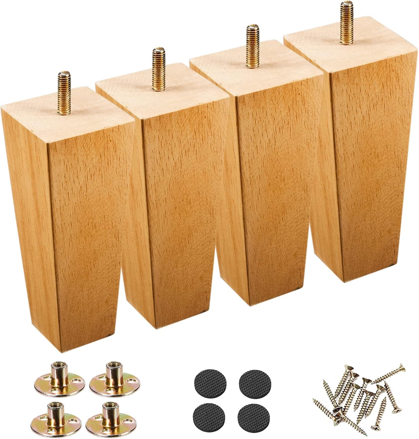 HANMFEI Solid Wood Furniture Legs, Couch Legs Sets of 4, Square Mid-Century Sofa Legs Replacement for Couch Sofa Dresser Chair etc, 5/8-In, with Mounting Attachment Plates (6in)