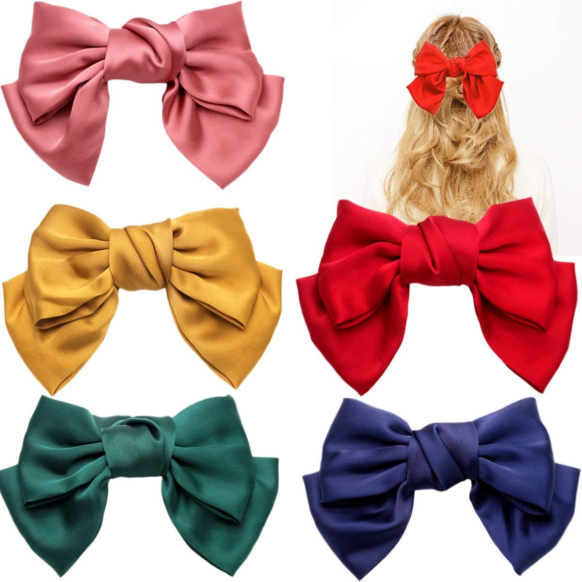 Large Big Huge 8" Soft Silky Chiffon Hair Bow Clip Lolita Party Oversize Handmade Girl French Barrette Style Hair Clips Headbands (Red,Green,Pink,Navy,Grey)
