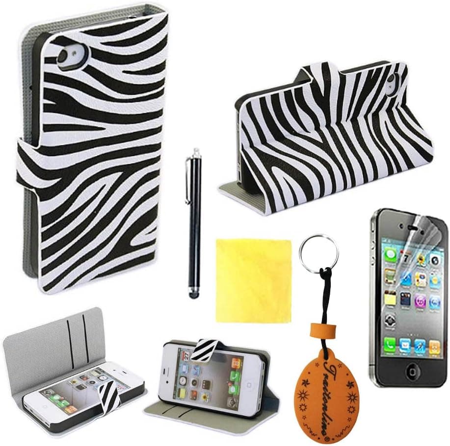 (TRAIT)4IN1 Zebra-Stripe PU Leather Wallet Cases Protective Skin for iphone4 4S 4G Flip Folio Case Stand Holder+touch Screen Pen +Screen Protector +Cleaning Cloth