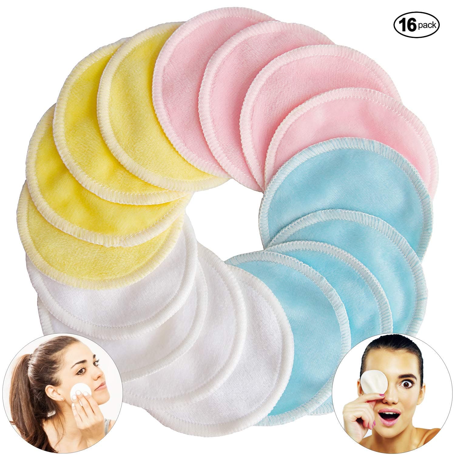 [16 Pack] Bamboo Makeup Remover Pads with Laundry Bag - Pinowu 2 Layers 3.15inch Reusable Organic Cotton Rounds for Eye Makeup Remove Face Wipe (Blue Pink Yellow White)