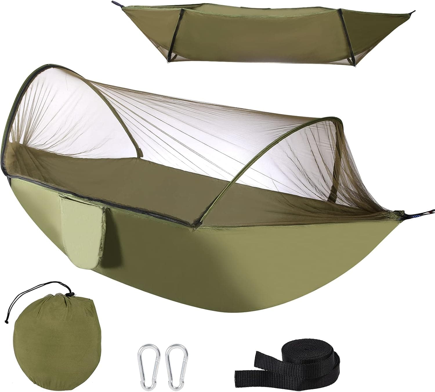 Camping Hammock with Mosquito Bug Net, Travel Hammocks with Tree Straps Carabiners, Outdoor Portable Hammock Men Women Kid, Nylon Parachute Hammocks for Backpacking, Patio, Hiking, Yard, Green