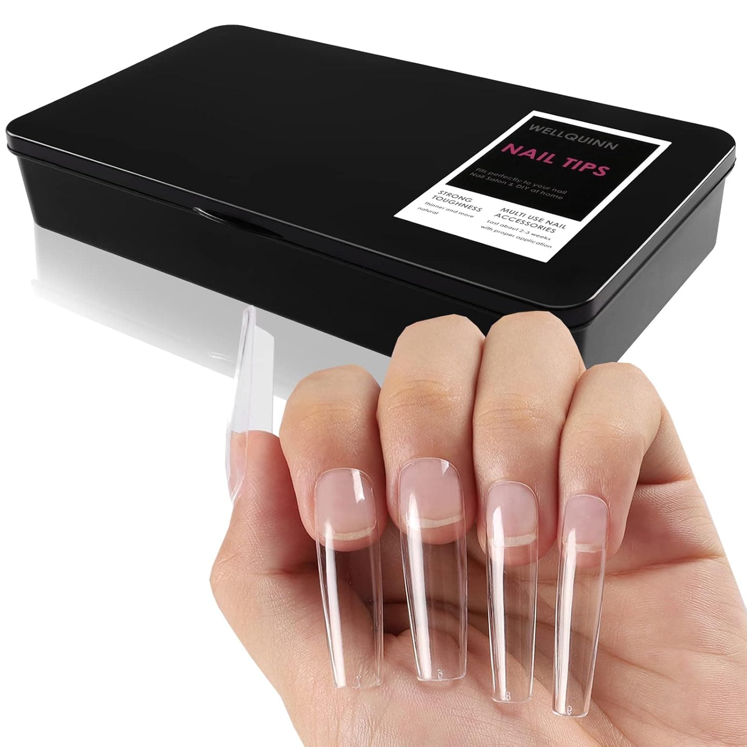 Wellquinn Long Square Nail Tips 360Pcs Gel Nail Tips Clear Full Cover Fake Nails Tapered Square Nail Tips Press on False Nail Tips for Salons and DIY Nail Art at Home 10 Sizes