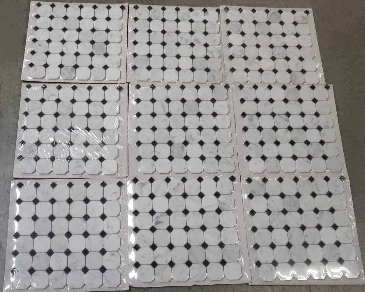 Stone Center Online Carrara White Marble 2 inch Octagon Mosaic Tile w/Nero Marquina Black Dots Polished Kitchen Bath Wall Floor Backsplash Shower (1 Sheet)