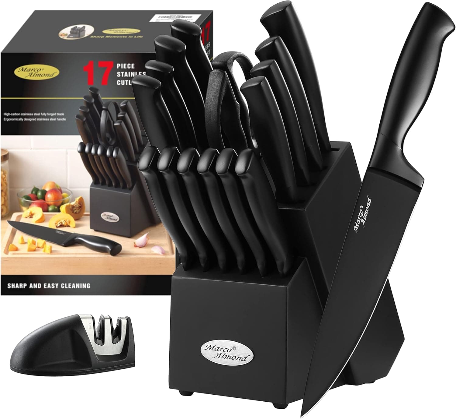 Marco Almond® Dishwasher Safe MA23 Black Kitchen Knife Set, 17 Pieces Stainless Steel Knives Sets for Kithcen with Block and Sharpener