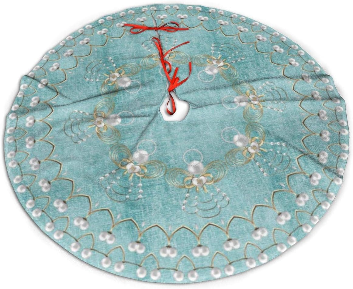 Christmas Tree Skirt 48 Inch Elegant Aqua Pearl Christmas Angel Xmas Holiday Party Supplies Large Tree Mat Decor for Indoor Outdoor Home Ornaments
