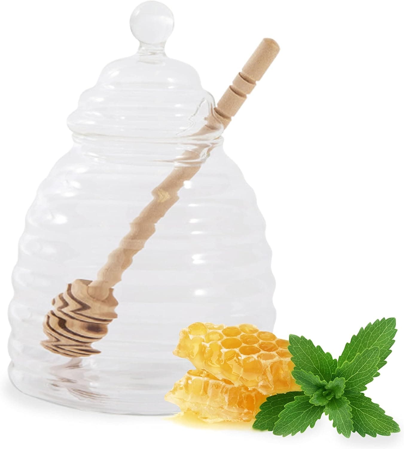 Primo Lines Glass Honey Jar with Dipper and a Glass Lid - Made from Glass, Elegant and Adorable Beehive Glass Honey Jar with Wood Dipper, Handcrafted Honey Pot with Wooden Dipper