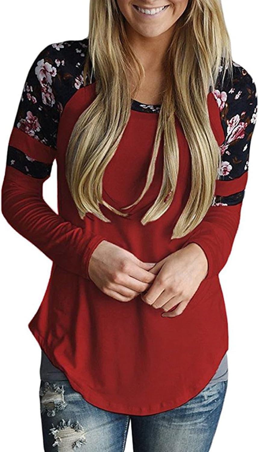 Astylish Women's Casual Long Sleeve Floral Print T-Shirts Striped Blouse Tops Red Medium
