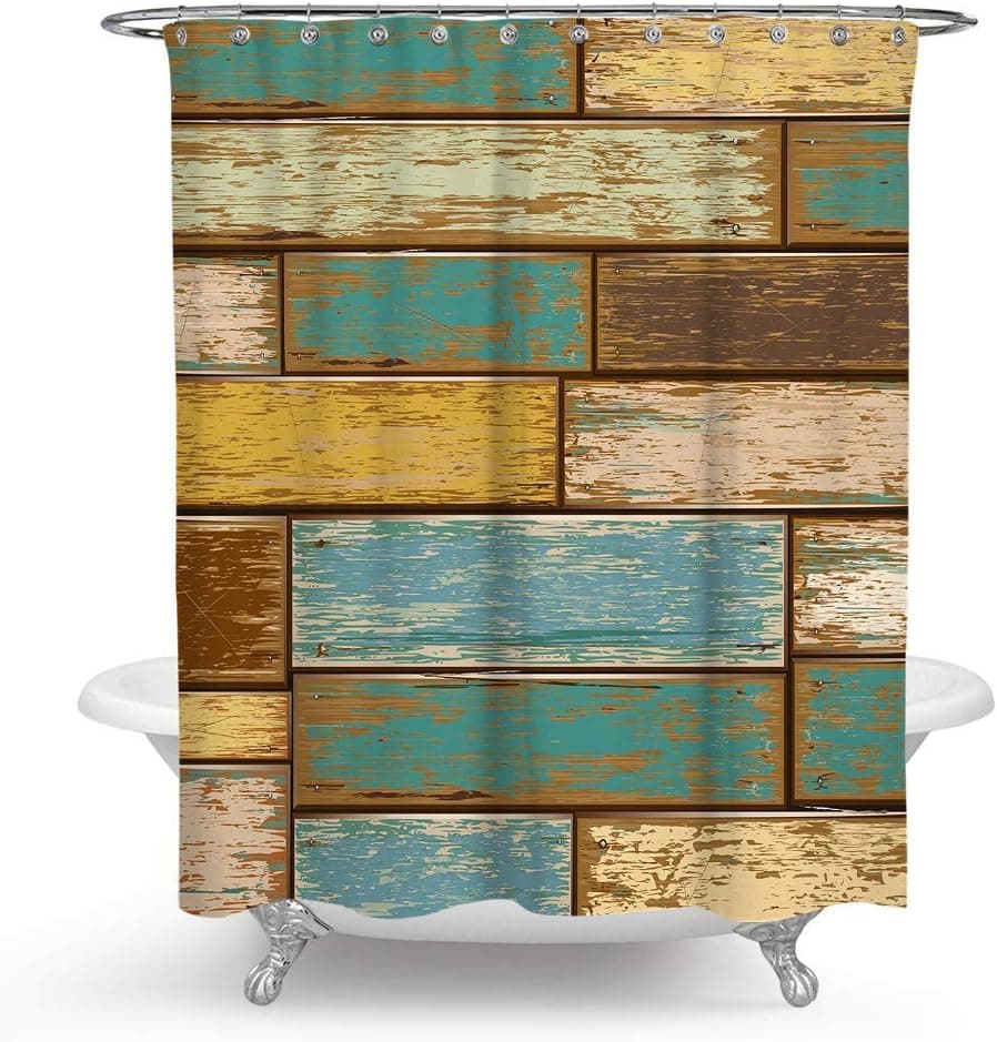 QCWN Wooden Shower Curtain,Watercolor Rustic Floor Planks Print Grungy Look Farm House Country Style Shower Curtain Set with Hooks for Bathroom Décor.Multi (15, 65" L*70" W) (59" L*70" W)