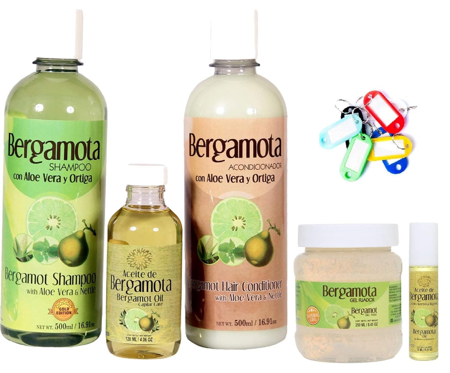 Bergamot Shampoo, Bergamot Conditioner, Bergamot Oil, Bergamot Gel Fixer, Bergamot Oil for Beard and Mustache and Key Ring. Super Combo Hair Rewroth. Lenico Gold Edition. Shampoo de Bergamota.