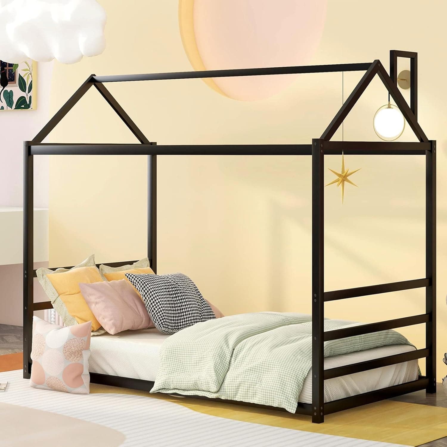 Bellemave Toddlers House Beds Metal Floor Bed Frame Twin Size Montessori Bed for Kids Boys Girls Teens, Black