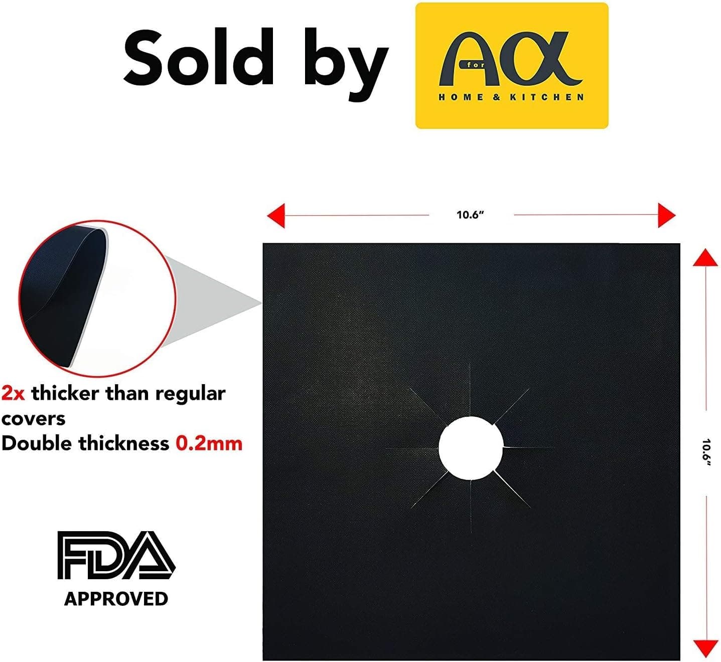 Stove Burner Covers Reusable Gas, Top Range Square Black Protectors, Double Thickness 0.2mm, Heavy Duty kitchen cover, Pack of 4, non-stick square liners with round/circle holes, 10.6” x 10.6"