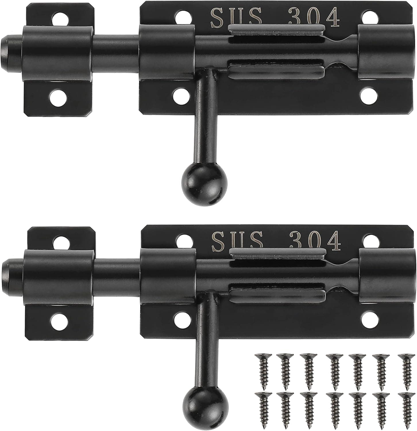 XXW BARREL BOLT DOOR LATCH With PADLOCK HOLE, THICKENED 304 STAINLESS STEEL Slide DOOR LOCK, 4 INCH, BLACK, 2 PACK, 204BB-BL-2