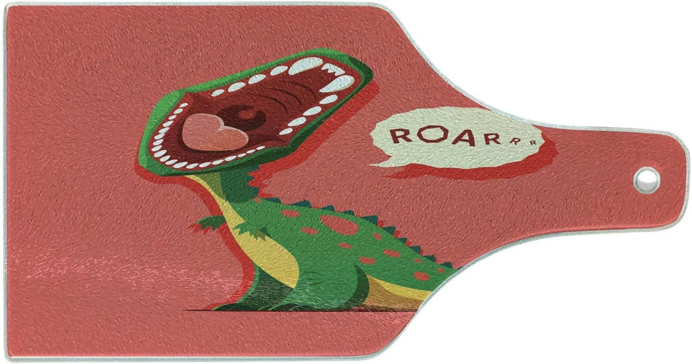 Ambesonne Dinosaur Cutting Board, Aggressive Prehistoric Cartoon Animal Roaring Open Mouth Wildlife Image, Decorative Tempered Glass Cutting and Serving Board, Wine Bottle Shape, Dark Grey
