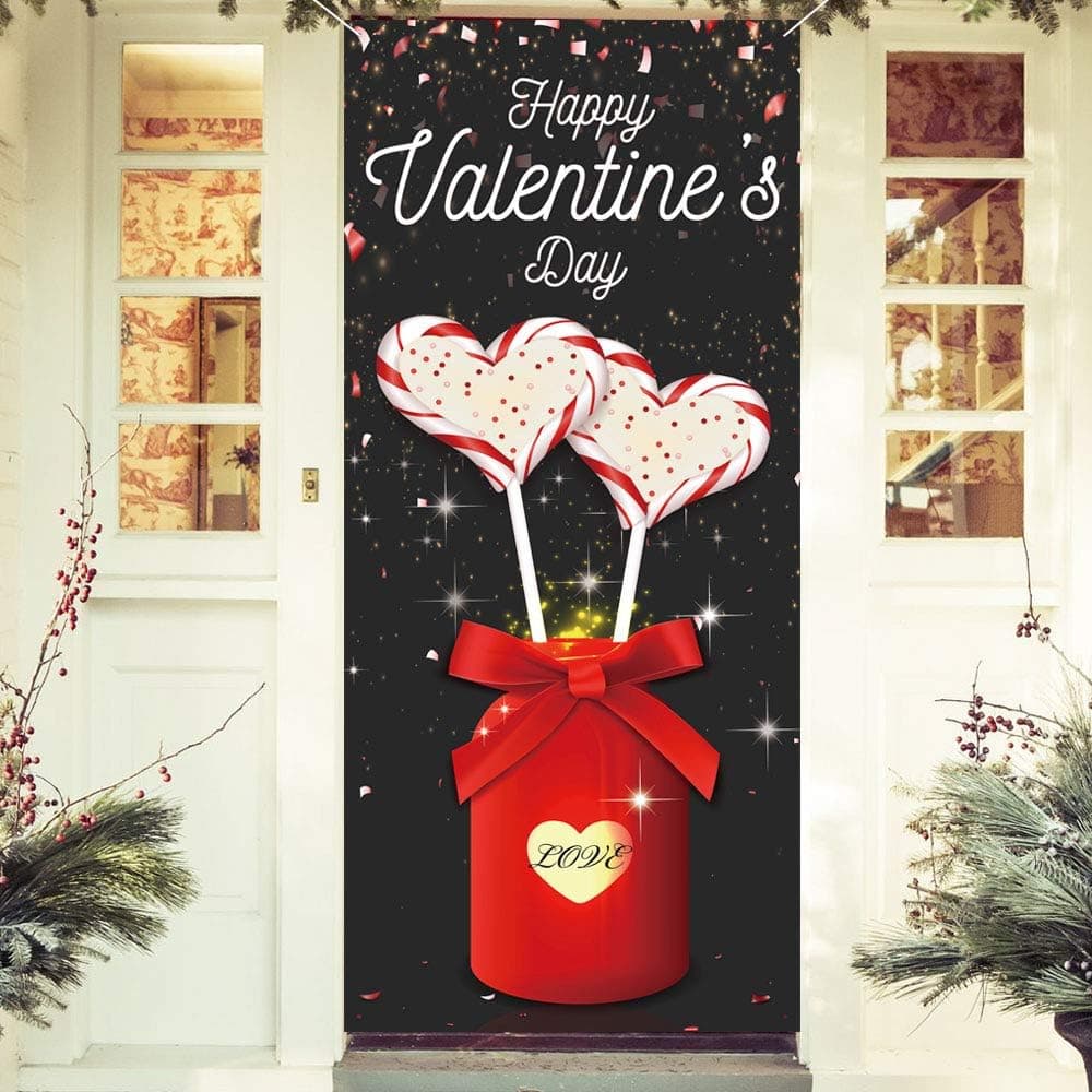 Valentine’s Day Wall Decoration Happy Valentine’s Day Party Backdrop Large Fabric Colorful Door Cover Heart Shape Lollipop Gift Background Valentine's Day Anniversary Home Festival Party Supplies