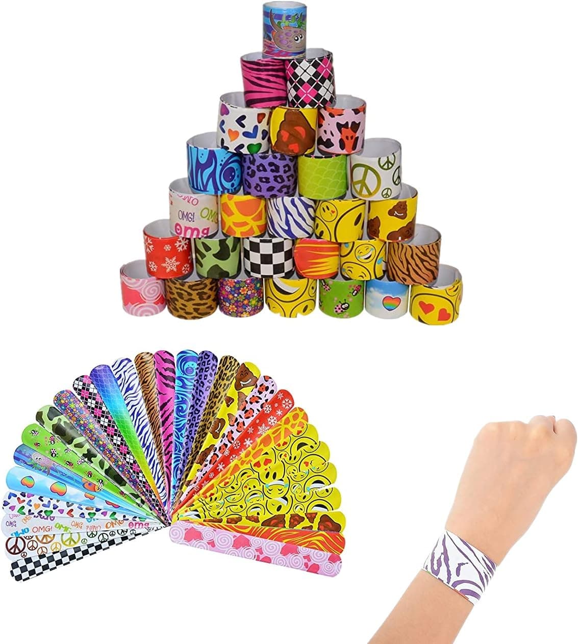 YL traV 60 Pcs Slap Bracelets with 28 Assorted Patterns, Lovely and Funny Slap Bands, Great for Party Presents, Students Rewards and Game Prizes