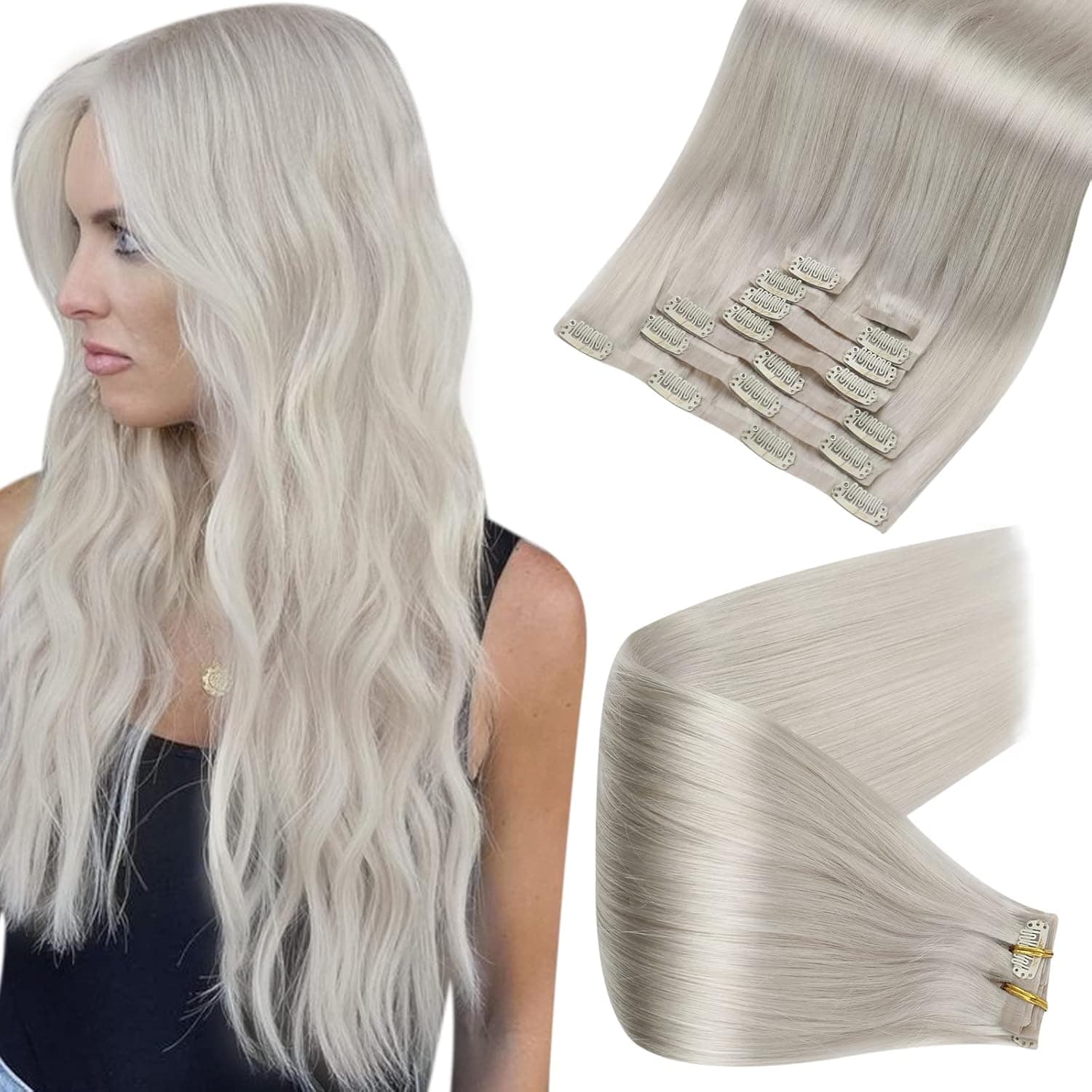 Full Shine White Clip in Hair Extensions Human Hair Seamless Blonde Hair Extensions Clip in Human Hair Skin Weft Invisible for Women Clip ins 8Pcs 120 Grams Long Hair Extensions 20 Inch