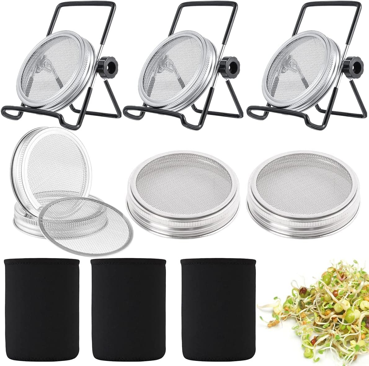 Stainless Steel Sprouting Jar Lid (32oz Glass Jars) with 3 Pack Sprouting Stands and Blackout Sleeves, Used for Wide and Wide Mouth Mason Jar for Growing Organic Sprouts