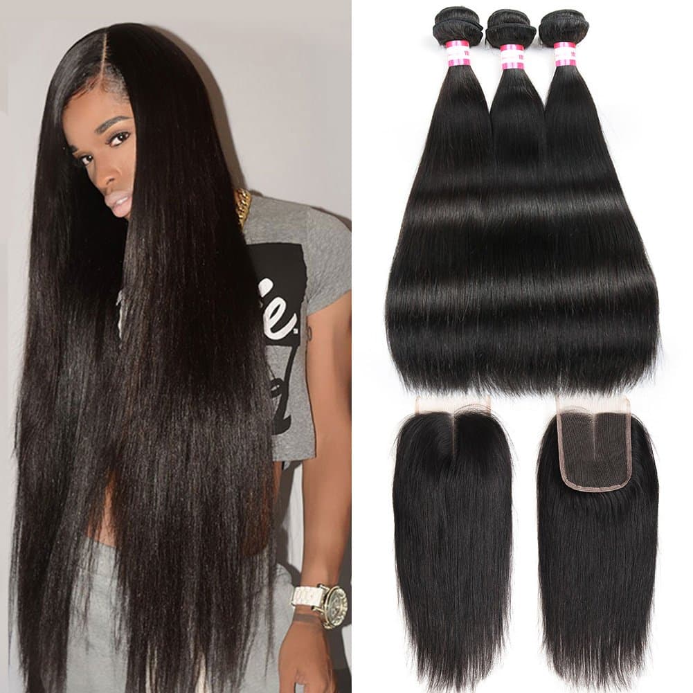 CYNOSURE Brazilian Virgin Hair Straight 3 Bundles with Closure 4x4 Middle Part Human Hair Bundles with Closure Natural Black (12 14 14+10inch closure, Natural Black)