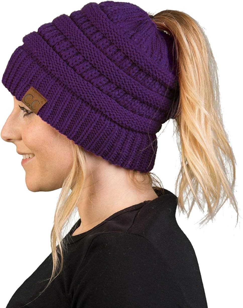 Funky Junque Ponytail Messy Bun BeanieTail Women's Beanie Solid Ribbed Hat Cap