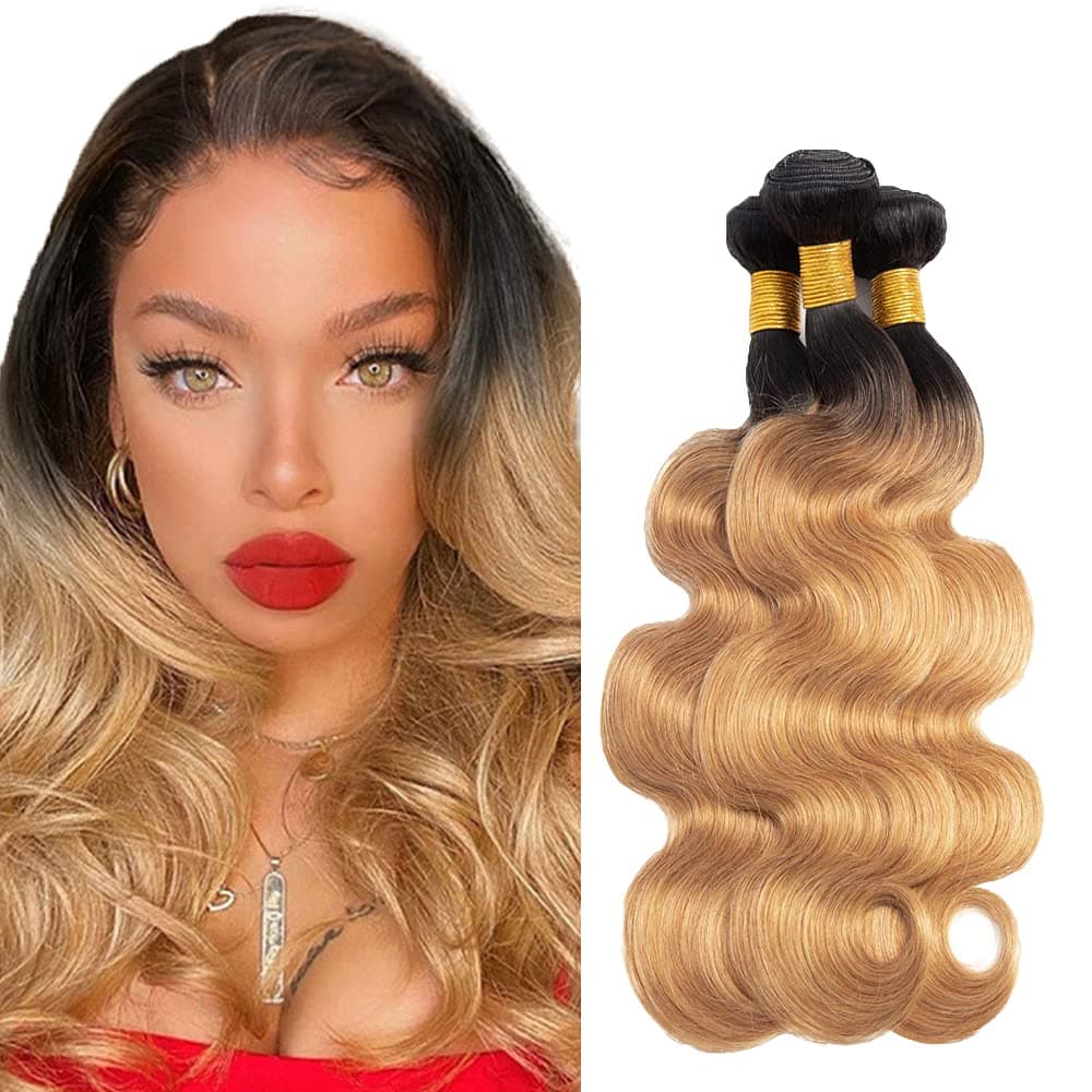 AuokMar 1b/27 Ombre Hair Extensions Body Wavy Unprocessed Human Hair Cheap Hair Bundles 1b/27 Human Hair Bundles Blonde And Black Brazilian Hair Bundles 3 Bundle 100g/bundle (26 28 30 inches)