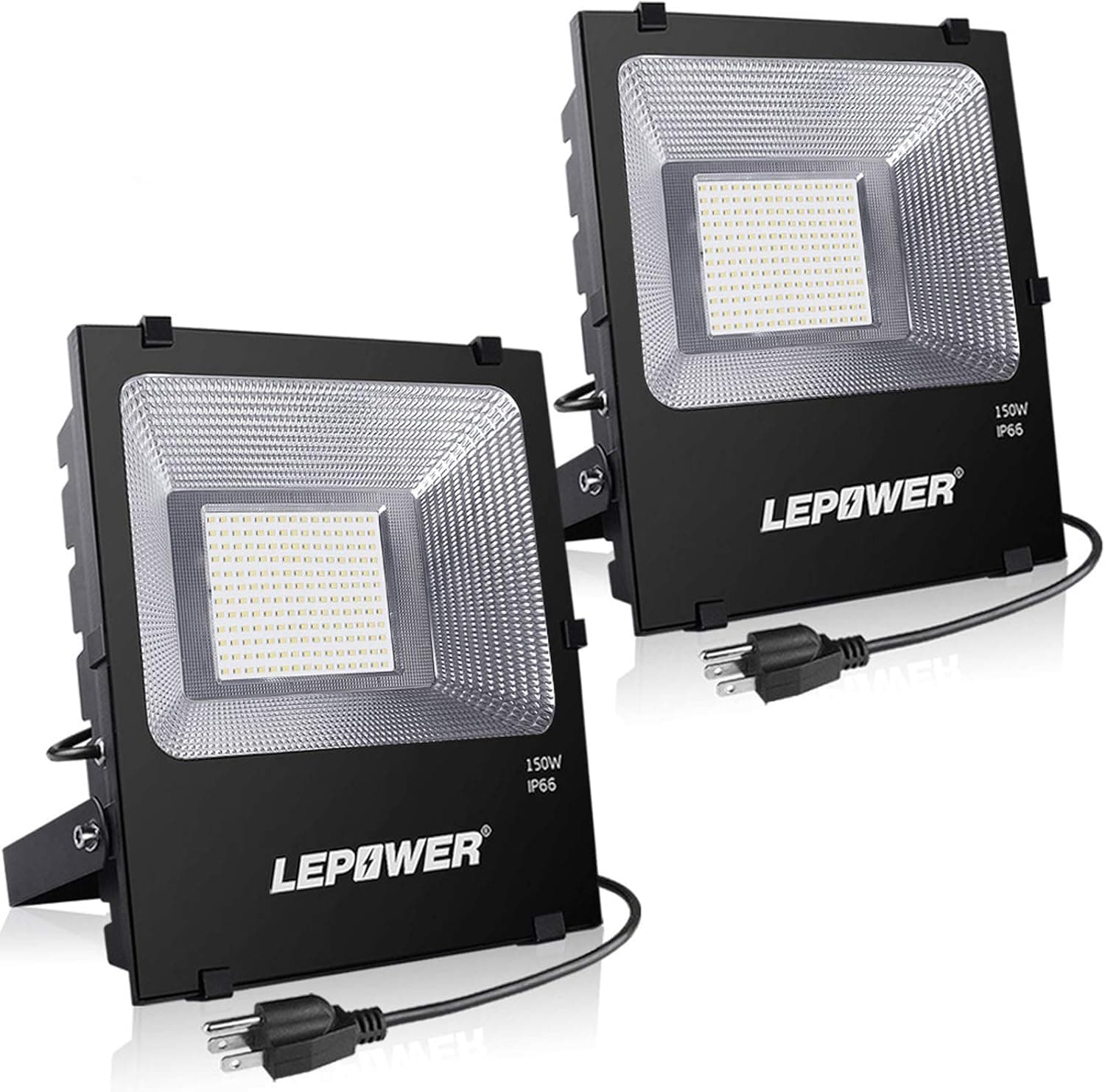 LEPOWER LED Flood Light Outdoor, 150W LED Work Lights Plug in, 11000lm 6000K White Light, IP66 Waterproof Outdoor Floodlights for Garage, Playground, Backyard, Basketball Court(2 Pack)
