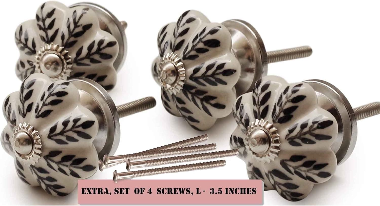 abhandicrafts - Set of 4 Hand Painted Leaf Pattern Round Handle Knobs Pumpkin Ceramic Knobs Drawer Dresser Cabinet Pull Knobs Color Black and White