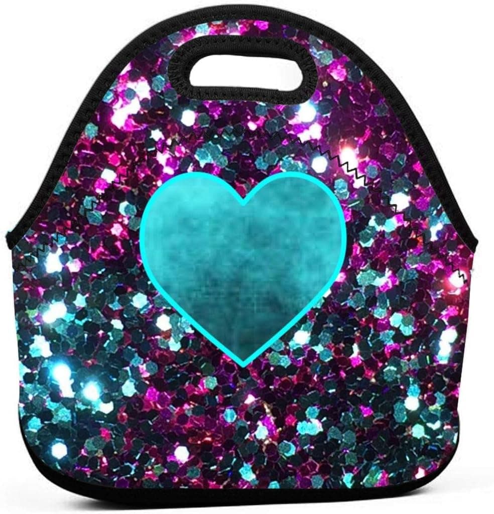LKJDAD Lavender Bling Bling Sequin Heart Lunch Bag, Thick Insulated Lunchbox Bags,Tote Box with Zipper Closure for Kid Travel Picnic Office