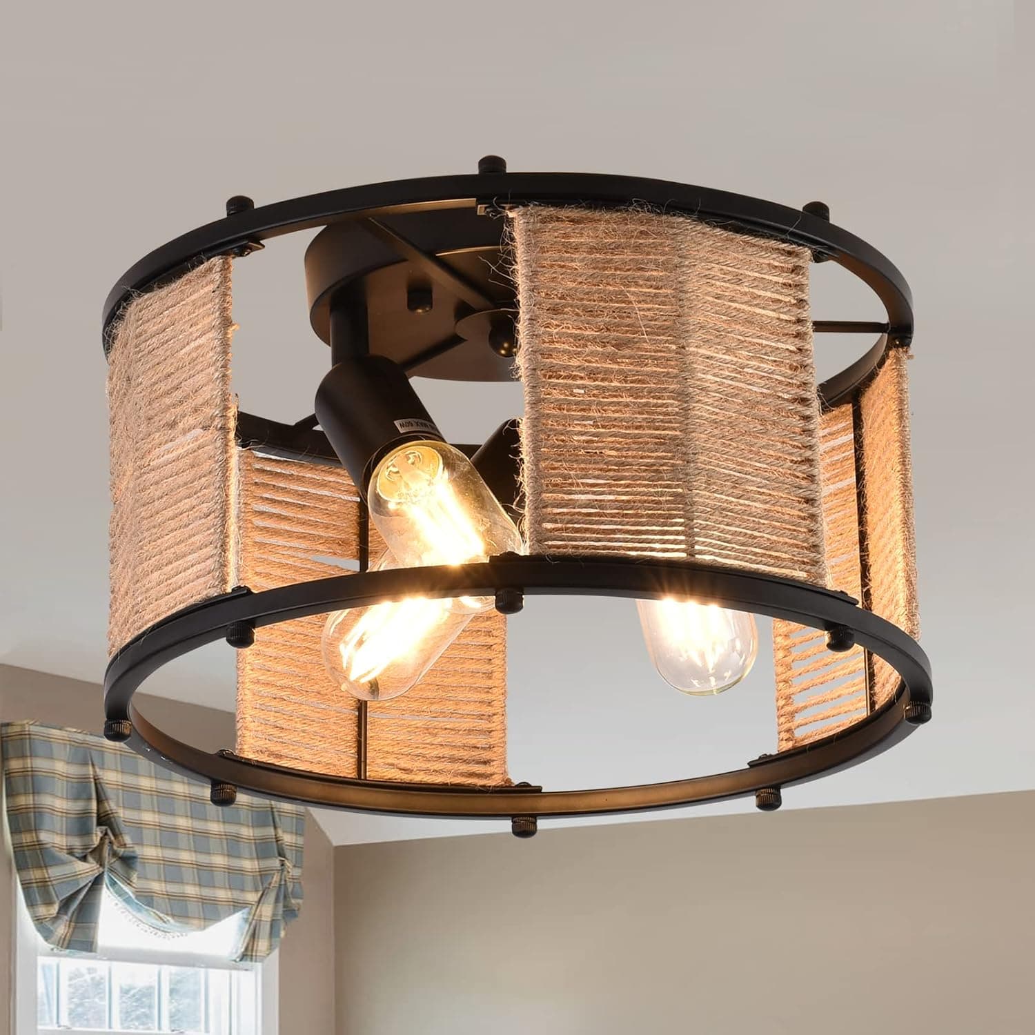 Rustic 3-Light Woven Flush Mount Ceiling Light, Coastal Rattan Hemp Rope Industrial Vintage Black Metal Cage Wicker Retro Farmhouse Lighting Fixture for Bedroom Hallway Entryway Kitchen Nursery Closet