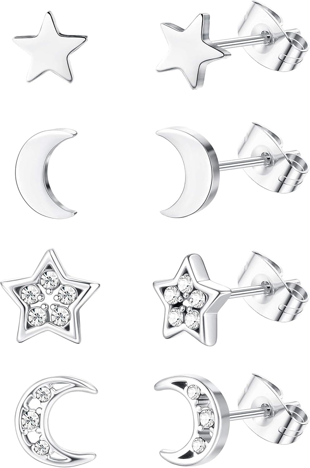 CASSIECA 4 Pairs Stainless Steel Star Moon Stud Earrings for Women Ladies Cubic Zirconia Tiny Moon Star Earrings for Double Pierced Ears