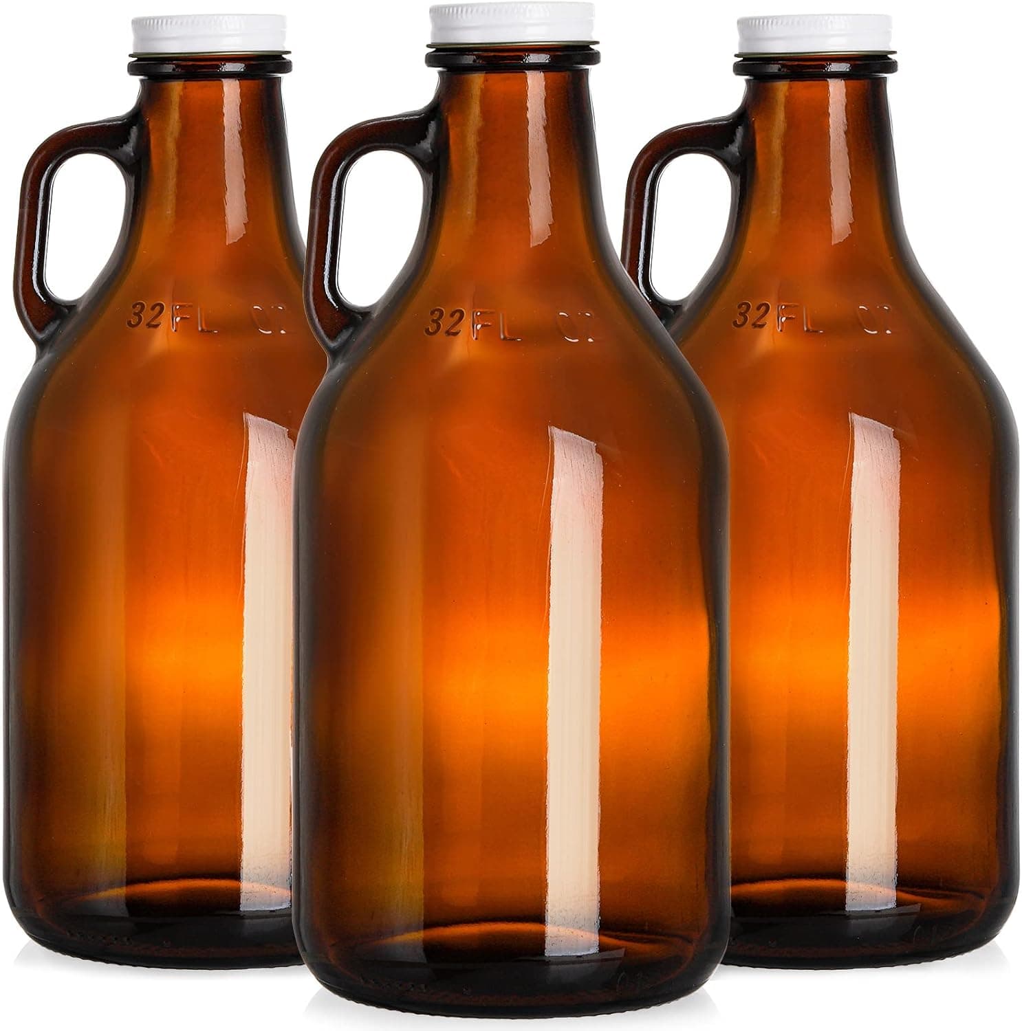 ZEAYEA 3 Pack Glass Growler, 32 oz Amber Glass Jug with Lids and Handle, Great for Beer, Home Brewing, Kombucha, Soda, Distilled Water