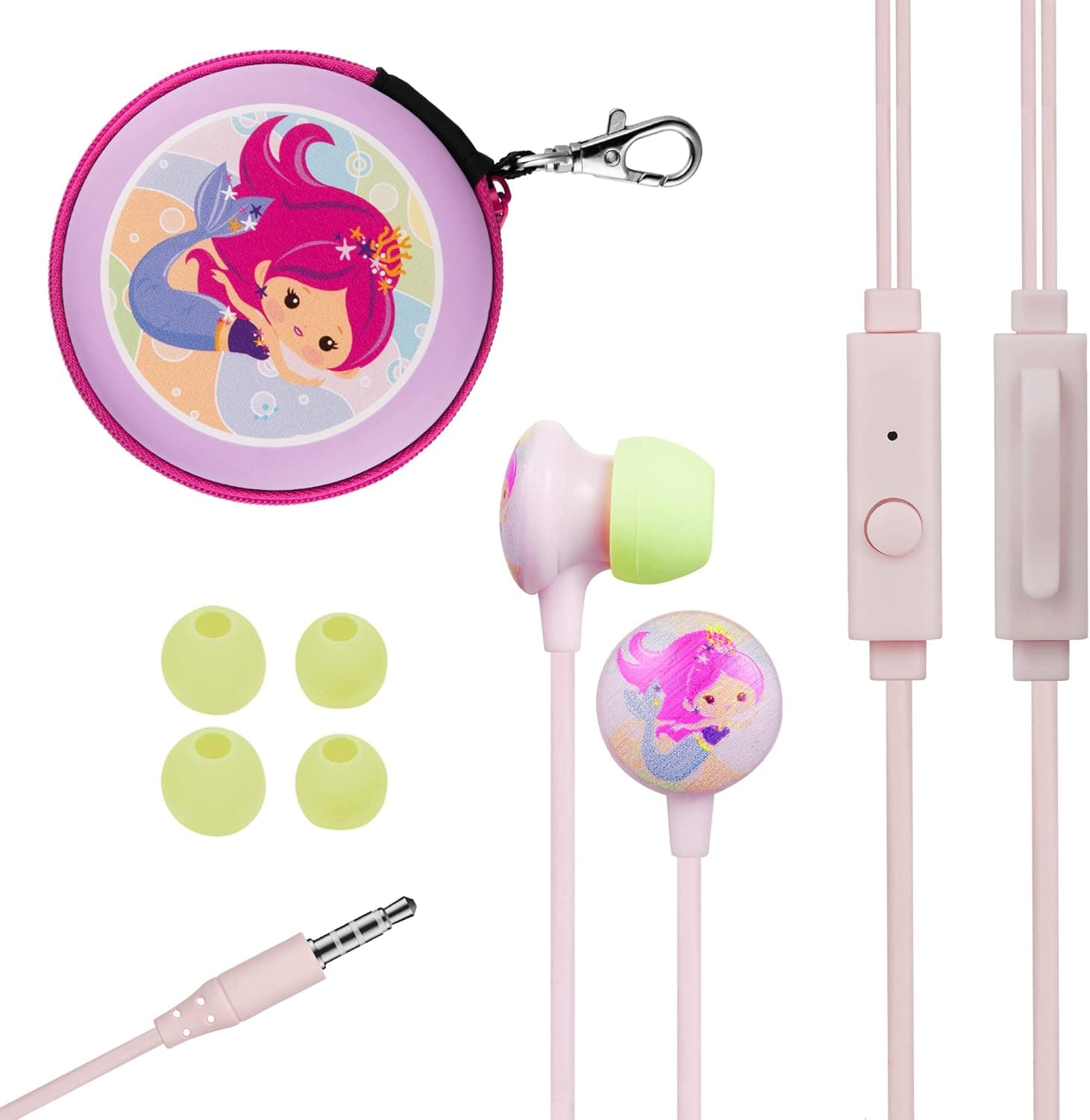 Volkano Mermaid Kids Earphones for Girls - 3.5mm Output for Computer/Cell Phones/Chromebook - in Ear Earbuds for Kids Small Ears with Storage Case - Purple/Pink