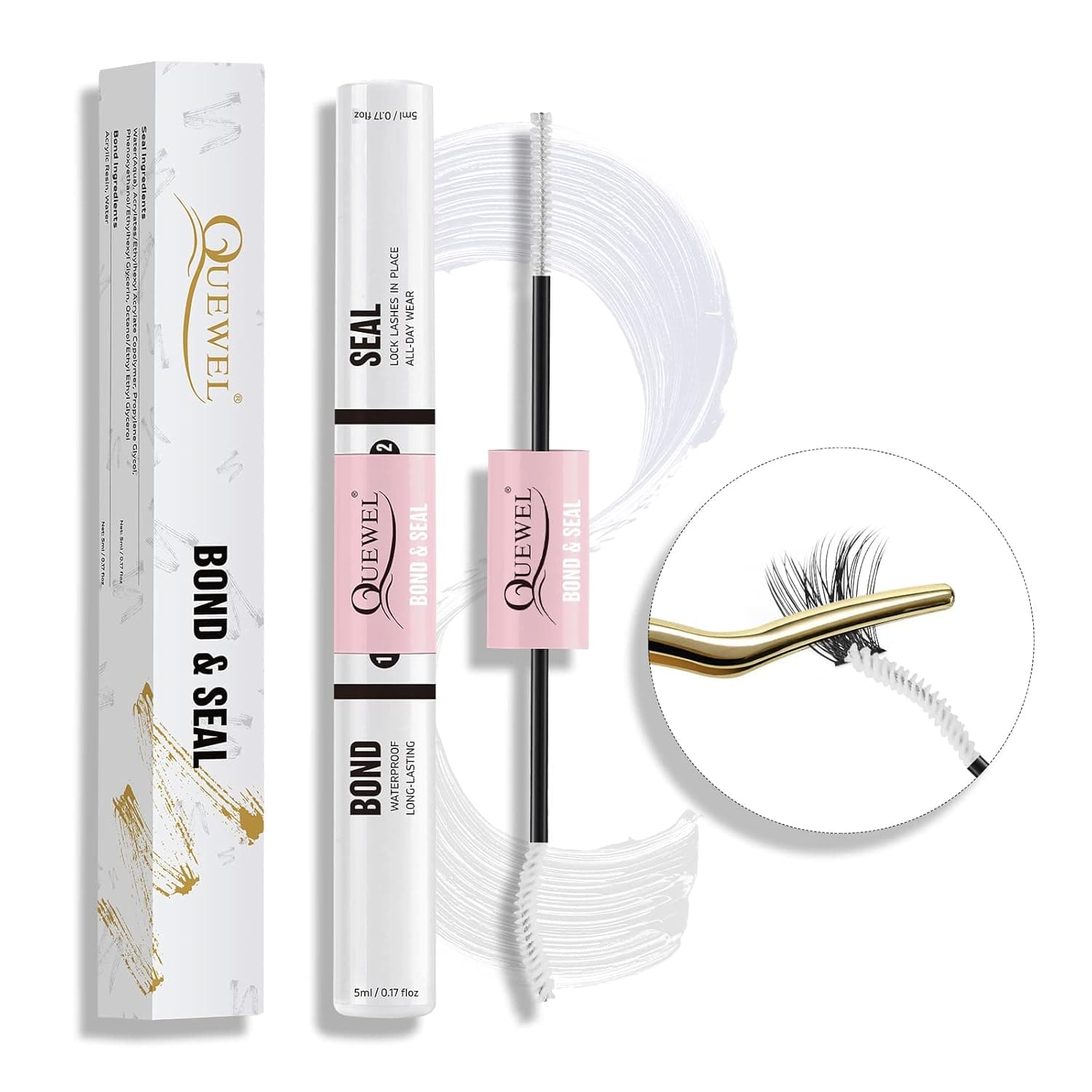 Quewel Cluster Lashes Bond and Seal, Lash Glue for Individual Eyelash Extensions, Long-Lasting&Waterproof, White Double Tube Lashes Glue for DIY Eyelash Extensions at Home